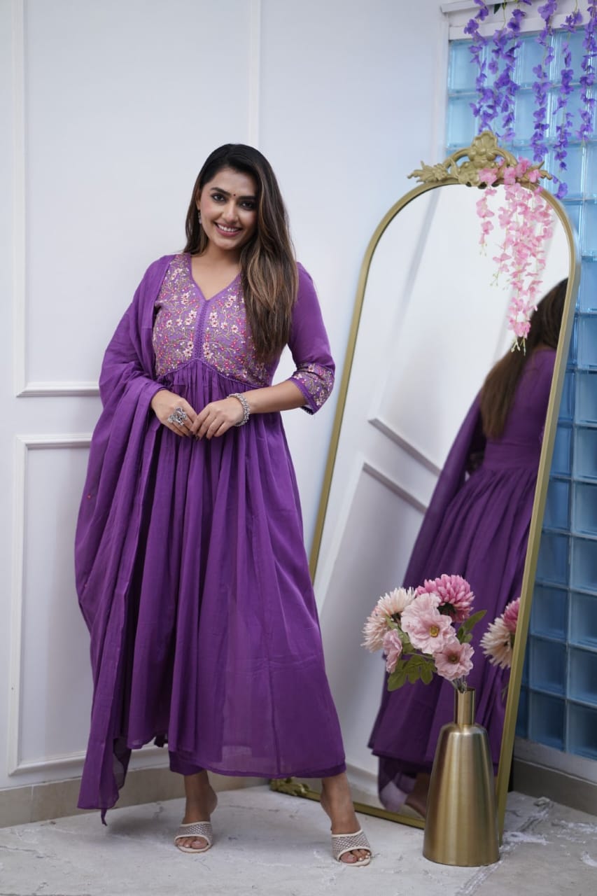 Regal Purple Embroidered Anarkali Cotton Suit - pasoya
