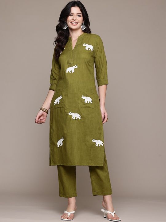 Green Cotton Elephant Embroidery Kurta Set