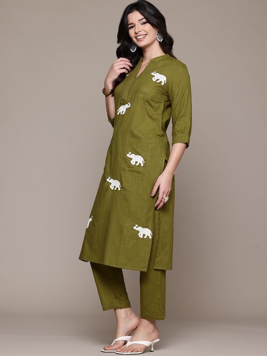 Green Cotton Elephant Embroidery Kurta Set