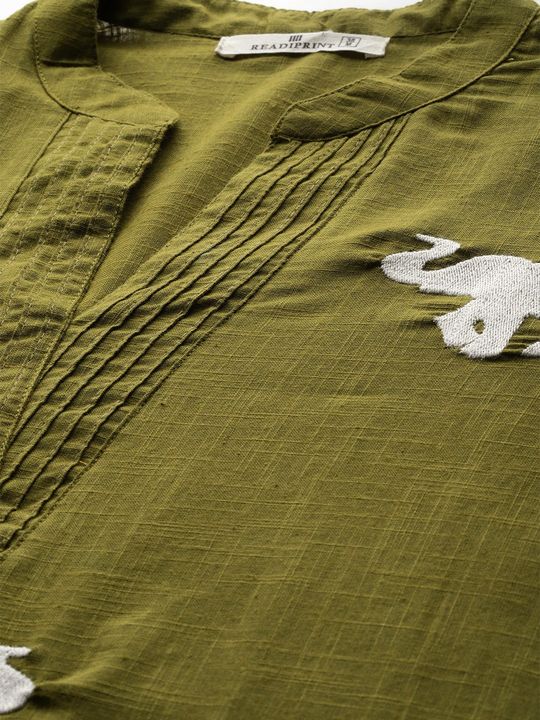 Green Cotton Elephant Embroidery Kurta Set