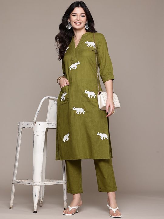 Green Cotton Elephant Embroidery Kurta Set