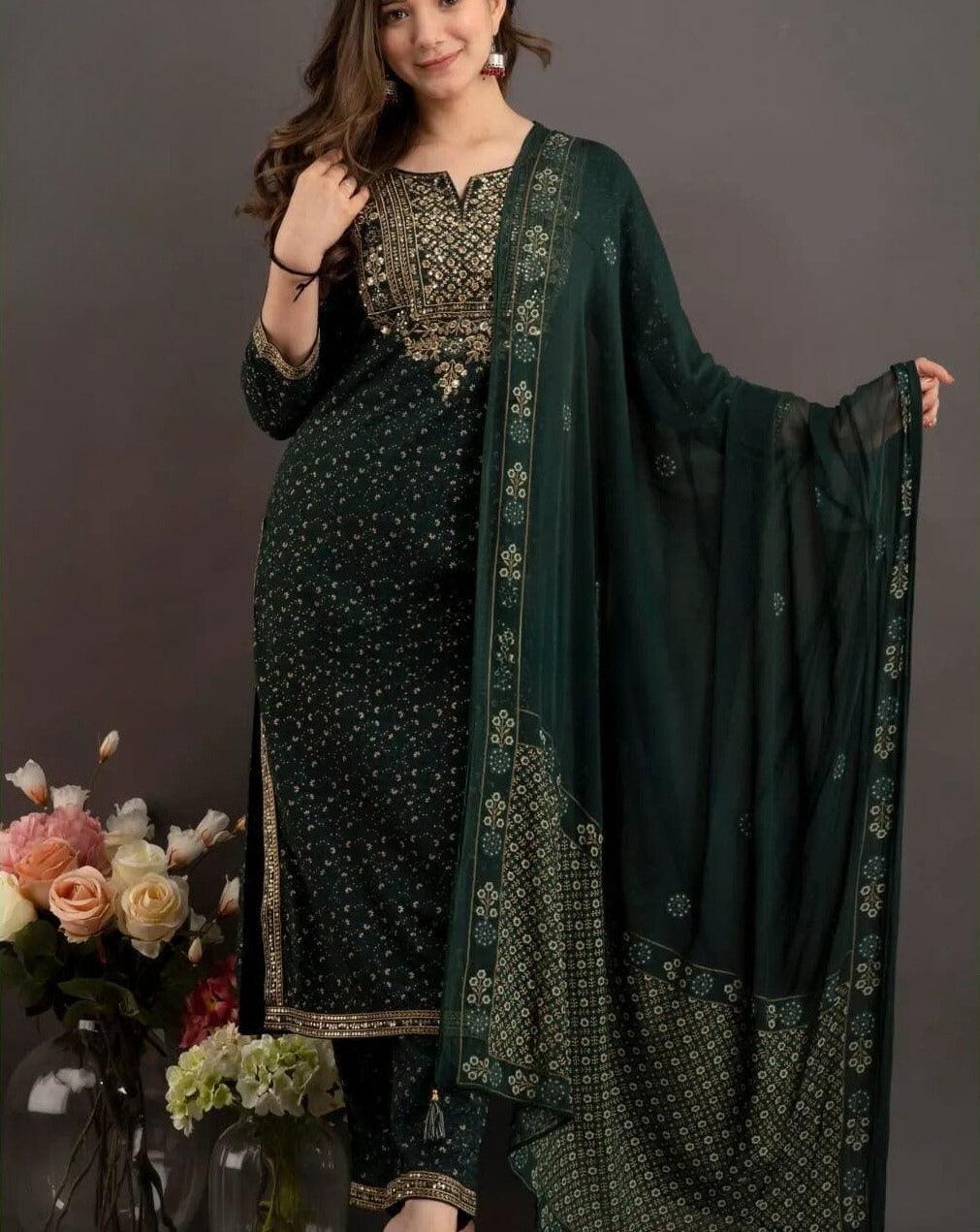 Traditional Green Embroidered Ethnic Suit - pasoya