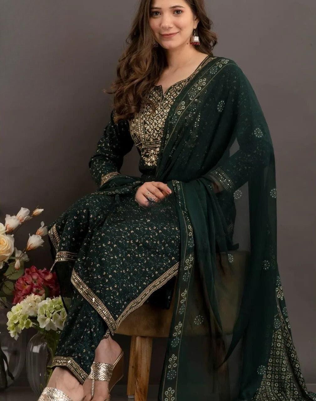 Traditional Green Embroidered Ethnic Suit - pasoya