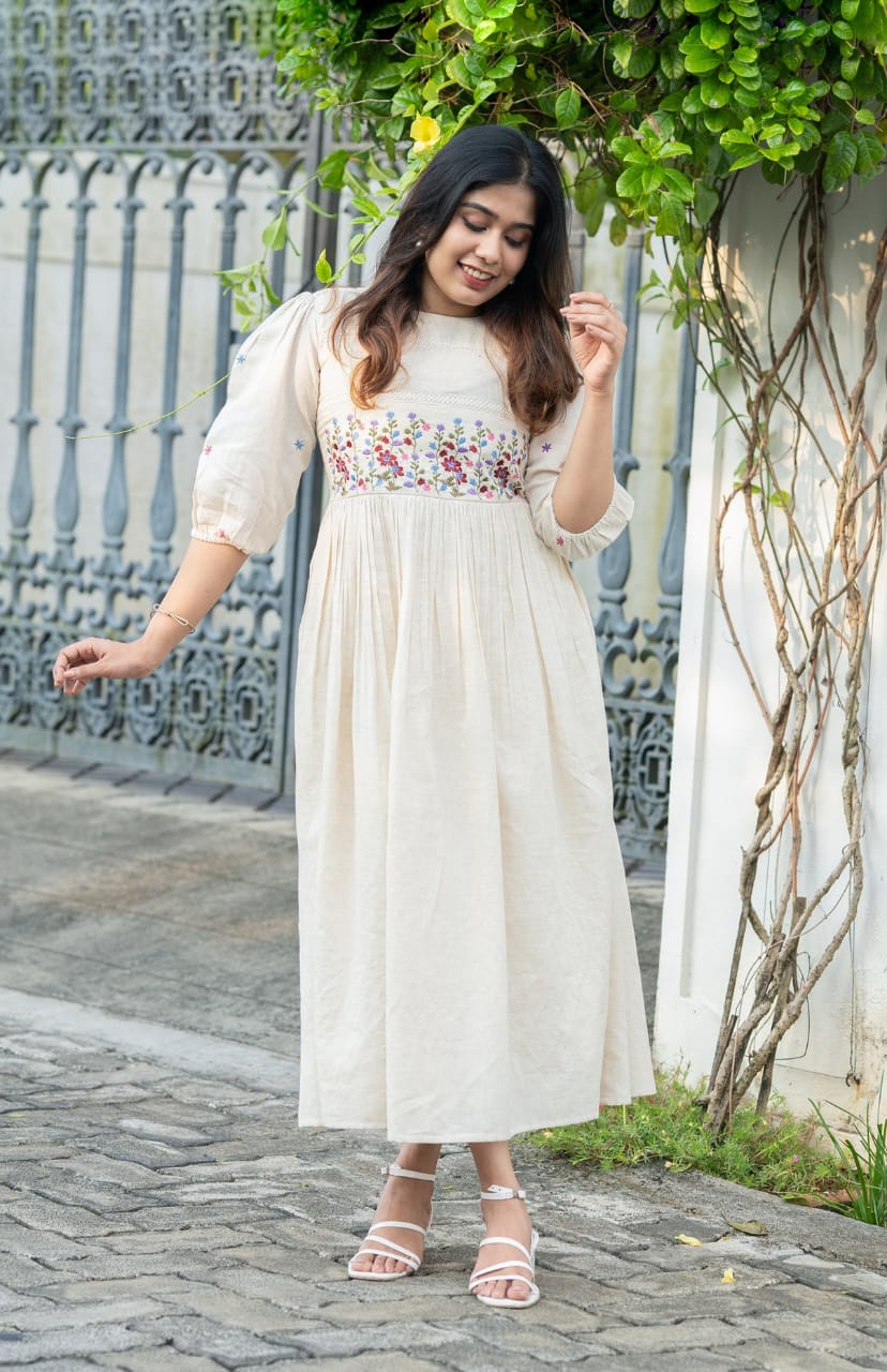 Vintage Floral Yoke Embroidery Dress - pasoya