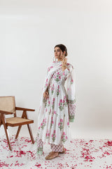 White Floral Cotton Suit Set with Dupatta - pasoya