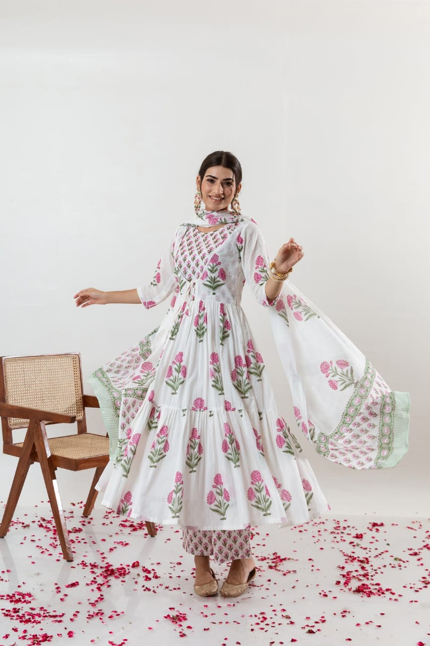 White Floral Cotton Suit Set with Dupatta - pasoya