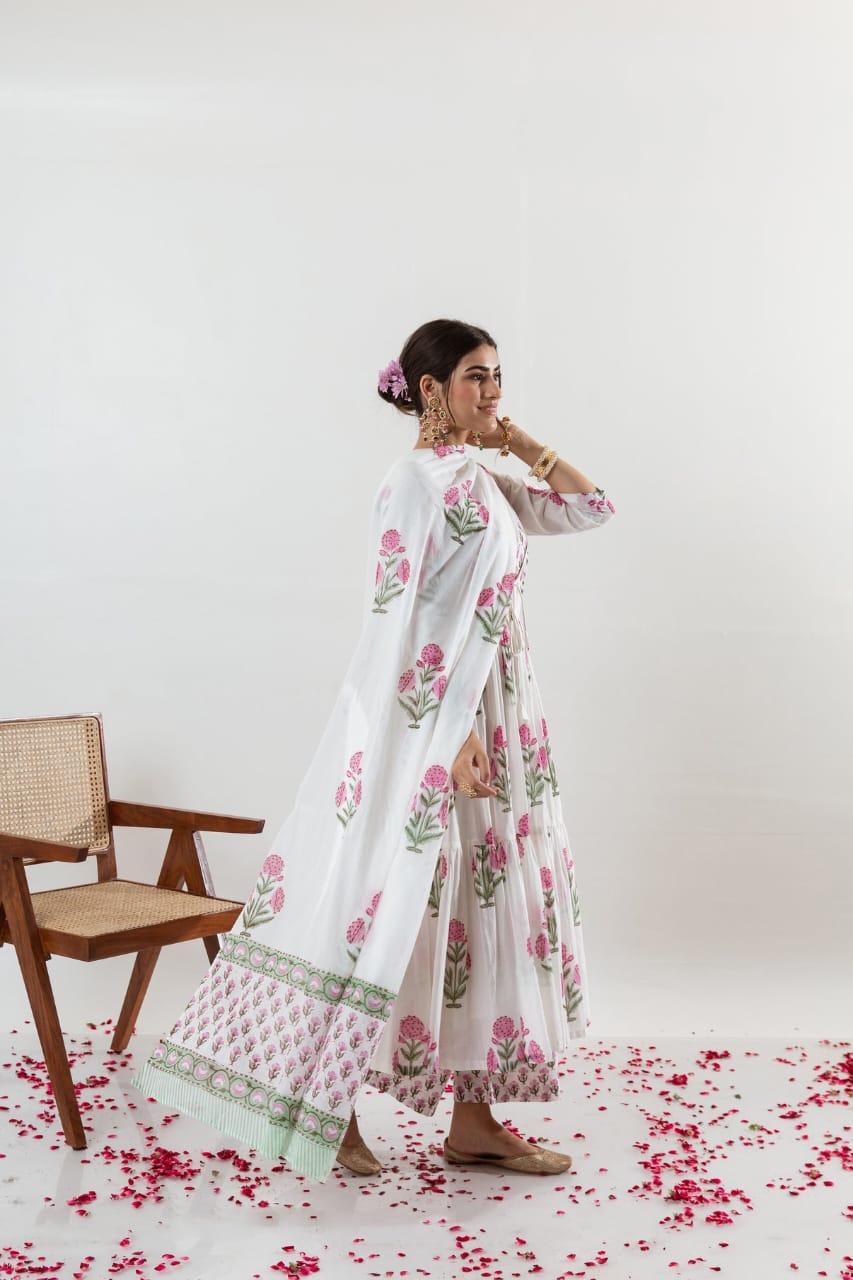 White Floral Cotton Suit Set with Dupatta - pasoya