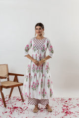 White Floral Cotton Suit Set with Dupatta - pasoya