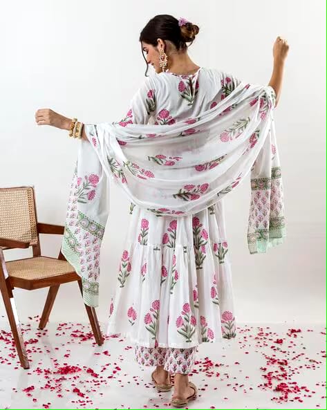 White Floral Cotton Suit Set with Dupatta - pasoya