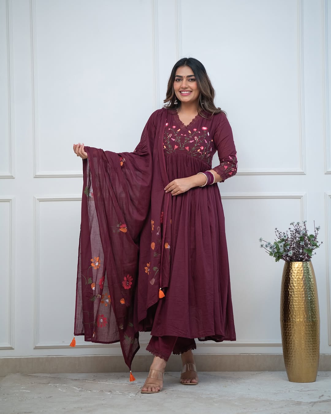 Wine Elegance Embroidered Cotton Anarkali Set - pasoya