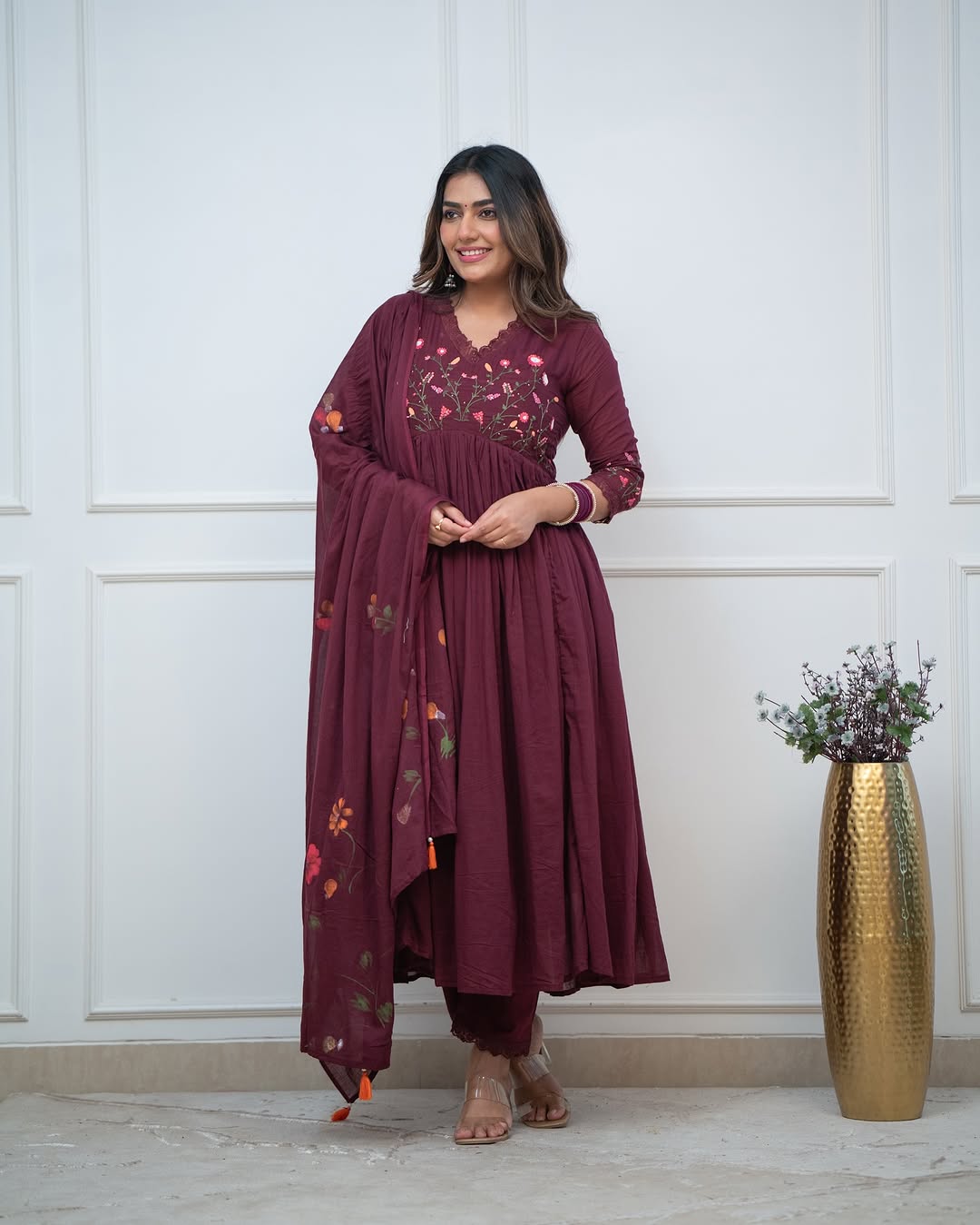 Wine Elegance Embroidered Cotton Anarkali Set - pasoya