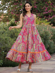 Women Printed Cotton Flared Gown (Pink) - pasoya