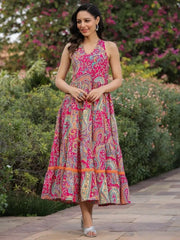 Women Printed Cotton Flared Gown (Pink) - pasoya