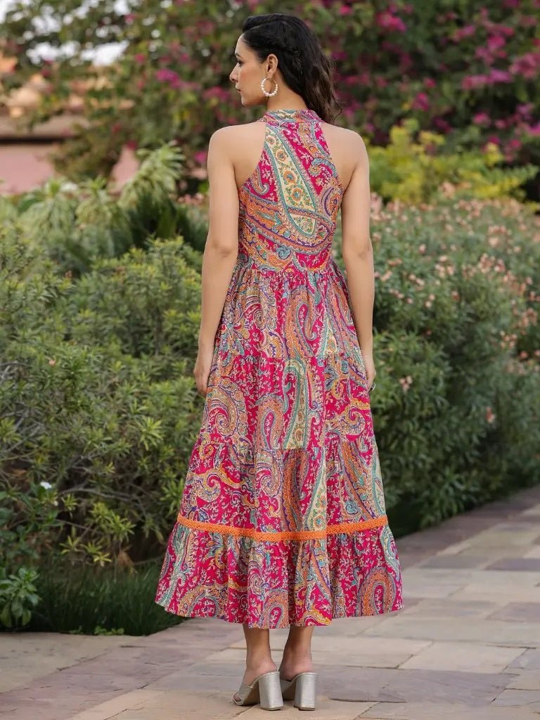 Women Printed Cotton Flared Gown (Pink) - pasoya