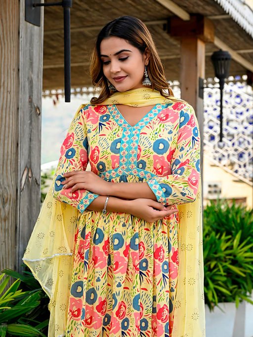 Yellow Floral Cotton Dupatta Set - pasoya