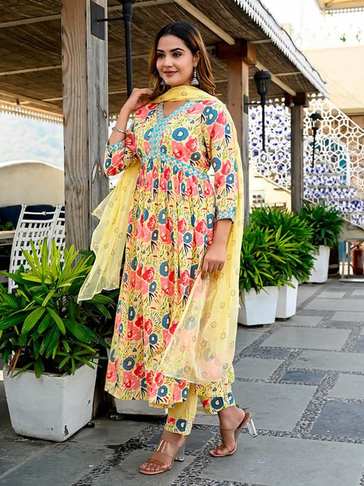 Yellow Floral Cotton Dupatta Set - pasoya