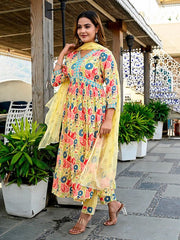Yellow Floral Cotton Dupatta Set - pasoya